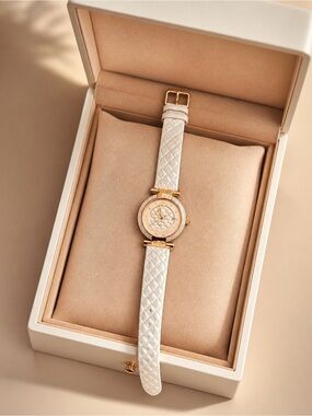 Women's White Leather Strap Watch with Rose Gold Case